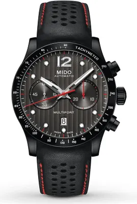 A close-up studio shot of a men's chronograph watch.
