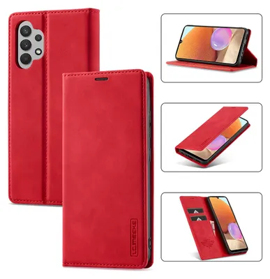 A collage of images showing a red leather phone case for a Samsung Galaxy A32 5G, with different angles and features displayed.