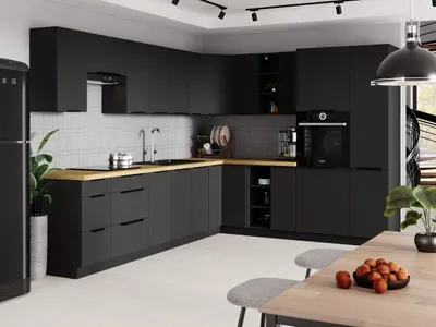 Produktbild von Küchenunterschrank SILVIA Schwarz mit Schublade und schwarzen Metallgriffen, ohne Arbeitsplatte
