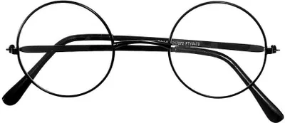 A pair of black, round-framed glasses on a white background.