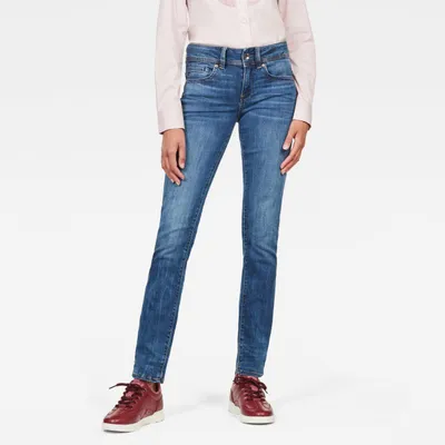 Image de Jean femme G-Star, modèle D07145, référence 8968, coupe droite mi-montante "Midge", couleur indigo moyen vieilli