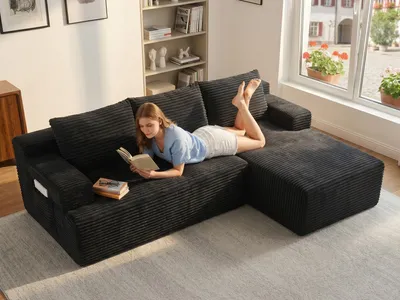 Produktbild von L-Form Cloud Sofa mit Tiefsitz, modulares Cord Sofa ohne Montage, Wohnzimmer Sofa