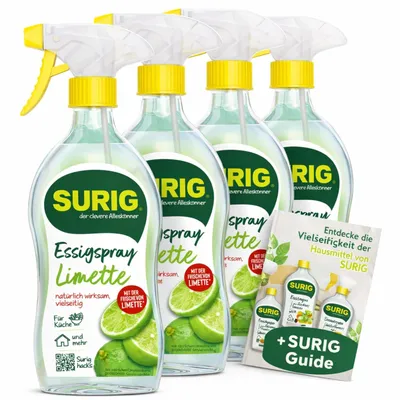 Produktbild von SURIG Essigspray Limette 500 ml im 4er Set + Mini Guide Essigsäure 8% Würzen Reinigen Säuern Entkalken