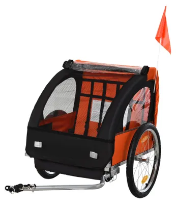 Immagine prodotto di Rimorchio Bici Bambini con 2 Posti, 2 Cinture di Sicurezza, Telaio in Acciaio e Copertura in Tessuto Oxford Arancione