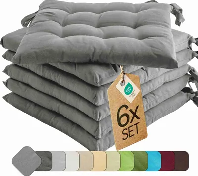 Produktbild von Sitzkissen Stuhlkissen Indoor & Outdoor 6er Set 40x40 cm - Grau - etérea Stuhl Kissen Auflage mit Bändern