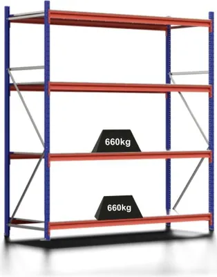 Produktbild von Weitspannregal MOOSE Stecksystem Omega-Profil | Grundregal | HxBxT 250x222x80cm | 4 Ebenen | Spanplatten-Fachboden | Fachlast 660kg | Enzianblau/Reinorange
