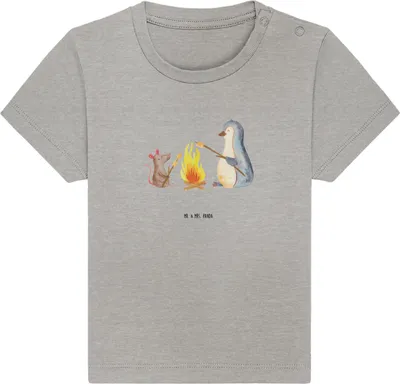 Produktbild von Mr. & Mrs. Panda Babyshirt Pinguin Lagerfeuer 12. - 18. Monat - Heather Grey - Geschenk, Grillen, Maus, Baby Kurzarmshirt, Öko T-Shirt,  Shirt, Kinder Top, Job