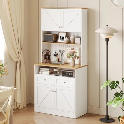 Immagine prodotto di Mobiletto da cucina Flieks con 2 cassetti, 4 ante, mobiletto buffet per cucina, sala da pranzo e soggiorno, credenza con maniglie argentate, ampio spazio di stoccaggio, bianco