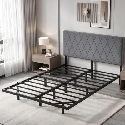 Obrázok produktu pre Kovový rám postele 140 x 200 cm, posteľ pre mládež s opierkou, rošt, moderný dizajn, výška od podlahy 20 cm, farba: sivá, bez matraca