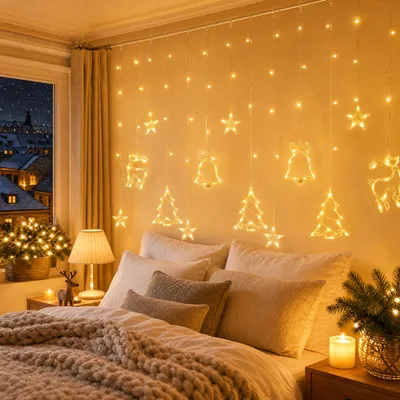 Produktbild von ACXIN 3er-Set Weihnachtsvorhang 138 LED, 2,5 m mit Sterne & Weihnachtsmuster, 8 Lichtmodi, warmweiß, Fensterdeko