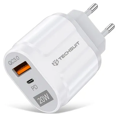 Obrázok produktu pre Techsuit CHPD038 Premium sieťová nabíjačka – USB-A QC3.0, USB-C, 20W – biela