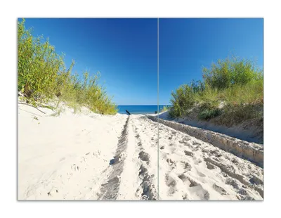 Produktbild von Wallario Herdabdeckplatte aus Glas, Größe 70 x 52 cm 2-teilig, Motiv Auf dem Sandweg zum Strand - Blauer Himmel über dem Meer