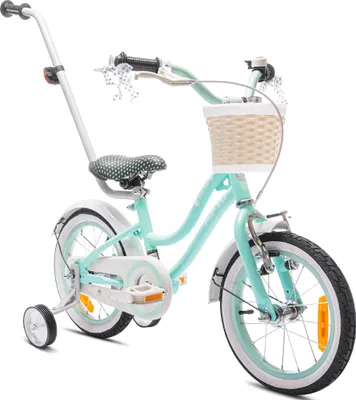 Obrázek produktu pro Kolo pro dívku 14 palců 3-5 let kolo s tréninkovými koly tlačné zařízení zvonek košík Heart Bike máta