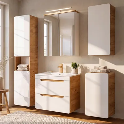Immagine prodotto di Set di mobili da bagno in bianco lucido con lavabo in Vetroceramica da 61 cm LUTON-56, L/A/P ca. 161/200/46 cm