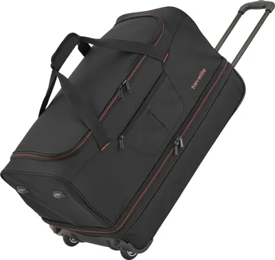 A black rolling travel bag with red trim, shown at an angle on a white background.