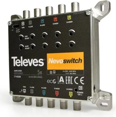 Obrázok produktu pre Televes 714508, 5 vstupy/vstupov, 5 výstupy/výstupov, 950 - 2400 MHz, 47 - 862 MHz, 0 - 15 dB, IP20