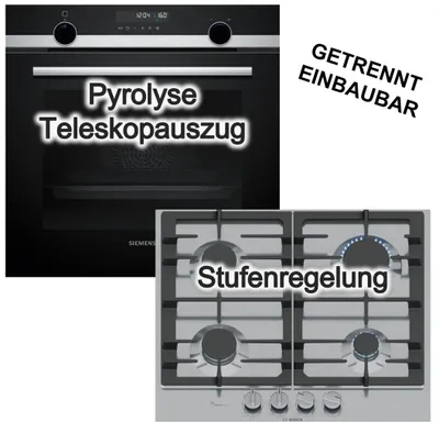 Produktbild von Herdset Einbaubackofen Siemens Pyrolyse Hydrolyse 3DHeißluft Teleskopauszug + Bosch Gaskochfeld FlameSelect