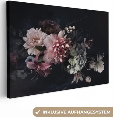 Produktbild von MuchoWow® - Leinwandbilder - Blumen - Vintage - Pastell - Schwarz - Blumenstrauß, Wandbild, Wanddeko Bilder Wohnzimmer, 90x60 cm
