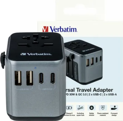 Zdjęcie produktu dla Verbatim Adapter Podróżny Eu/Uk/Us 2Xusb-A/2Xusb-C Pd 30W Uta-03 Czarny/Black 49545