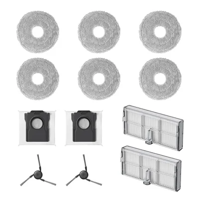 A collection of cleaning accessories for a robot vacuum cleaner, including mop pads, dust bags, and side brushes.