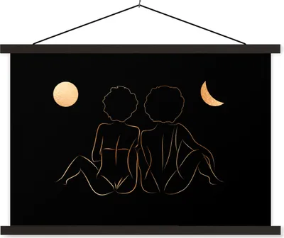 Produktbild von MuchoWow® Textilposter Frauen - Mond - Gold - Strichzeichnung 60x40 cm mit schwarzem Rahmen - Hölzernes