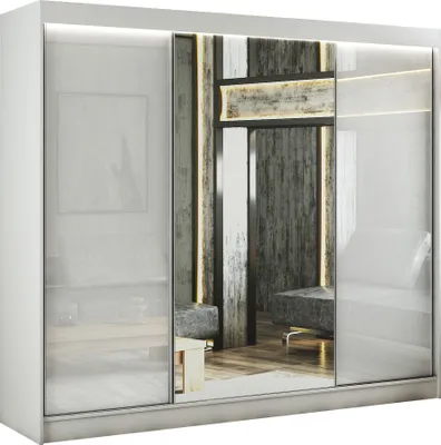 Produktbild von ALTDECOR Kleiderschrank mit Spiegel und Schiebetüren, kugelgelagerte Führungsschienen und Aluminium-Leisten - VESLI - 250 cm Weiß / Lacobel Weiß