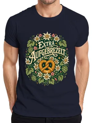 Imagen del producto de Camiseta para hombre, color azul marino, talla XL, con motivos de : pretzel, edelweiss, lederhosen (pantalones de cuero tradicionales) y dirndl (vestido tradicional)