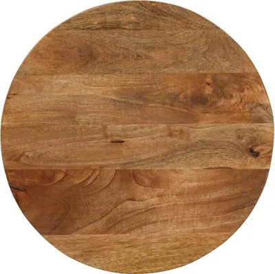 A close-up, top-down view of a round wooden tabletop.