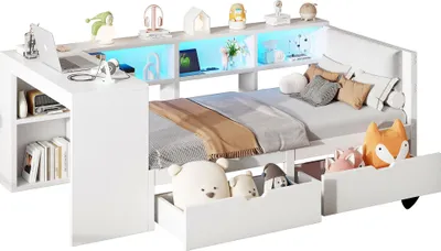 Produktbild von Stauraumbett mit Schreibtisch, LED-Streifen, Lattenrost, Regal, Schubladen, USB und Steckdosen, 90x200cm, Holzbett, Einzelbett