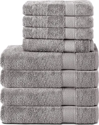 Produktbild von Komfortec 8er Handtuch Set aus 100% Baumwolle, 4 Badetücher 70x140 und 4 Handtücher 50x100 cm, Frottee , Weich,Groß, Silber
