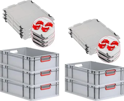 Produktbild von SuperSparSet 5x Eurobox NextGen Color mit Auflagedeckel und Schiebeschnappverschlüsse | HxBxT 17x40x60cm | 34 Liter | Grau | Griffe rot offen | Glatter Boden | Eurobehälter, Transportbox, Transportbehälter, Stapelbehälter