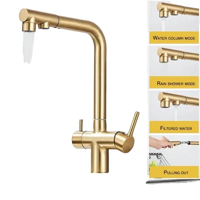 Immagine prodotto di Rubinetto da cucina con doppia maniglia, funzionalità acqua calda e fredda, struttura in ottone resistente, finitura oro spazzolato