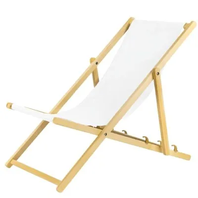A white canvas deck chair with a wooden frame, shown from a side angle against a white background.