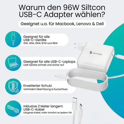 Produktbild von Siltcon® USB-C Ladegerät 96W – USB-C Laptop-Netzteil – geeignet für MacBook, Samsung, Lenovo, Dell, HP, Tablets & Smartphones – 15W bis 96W – inkl. 2m Kabel