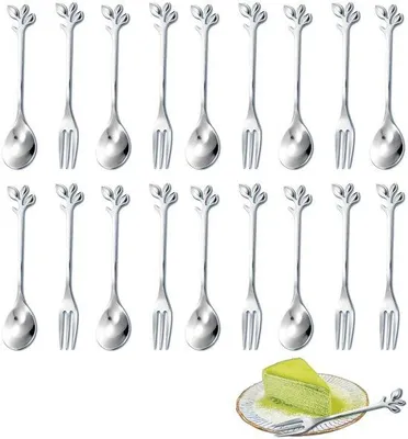Imagen del producto de Juego de cubiertos de plata, 16 piezas - Acabado de alto brillo - Diseño de hojas - Apto para lavavajillas - Acero inoxidable - Cubiertos para mesa