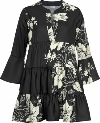 Produktbild von LASCANA Blusenkleid in weiter Form mit Volants und Blumenprint schwarz-creme Größe 36/38