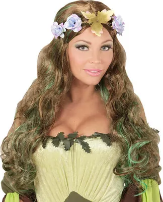 Produktbild von Zauberhafte Märchen-Perücke Fee für Damen Cosplay Langhaar-Perücke mit Blüten-Kranz Brünett-Grün