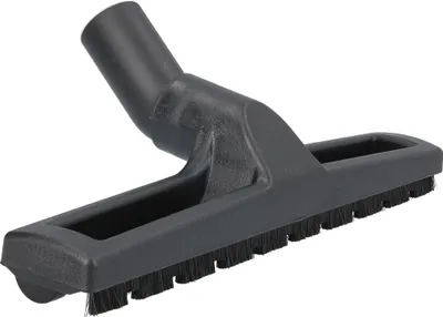 A black vacuum cleaner attachment with bristles is shown against a white background.