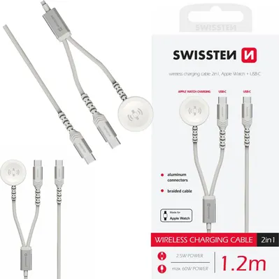Immagine prodotto di Swissten 2in1 Bezvadu Lādētājs Apple Watch un USB-C / USB-C / 1.2m