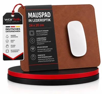 Produktbild von wortek Mauspad klein - Elegante Lederoptik - Office Mauspad Lederdesign - langlebiges Kunstleder - 24x20cm - vernähte Kanten - rutschfeste Gummiunterseite - Mousepad Gaming - Braun