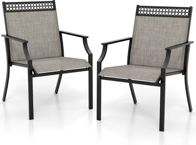Two outdoor chairs are shown against a white background.
