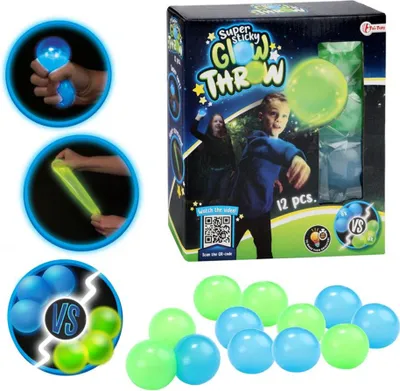 Obrázek produktu pro Toi-Toys - Fluorescenční kuličky - Glow Throw (12 kusů) super lepivé kuličky svítící ve tmě svítící ve tmě