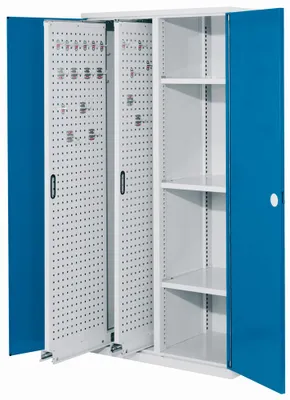 Produktbild von Schwerlastschrank, Vollblechtüren, 2 Vertikalauszüge, 3 Fachböden, BxTxH 1000x600x1950 mm, RAL 7035/5010