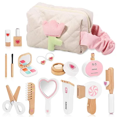 Imagen del producto de Juego de maquillaje de madera, 16 piezas, maquillaje para niños, ideal para niñas, juguete para niños