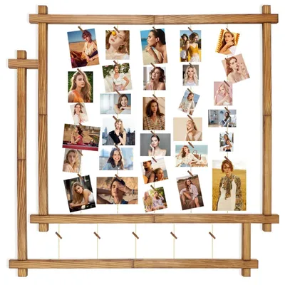 Productafbeelding van Omgoods - Houten Fotolijsten Set - Collage Fotolijsten met Clips voor Muurdecoratie - Gecarboniseerd Zwart