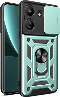 A phone case with a ring stand and camera cover.