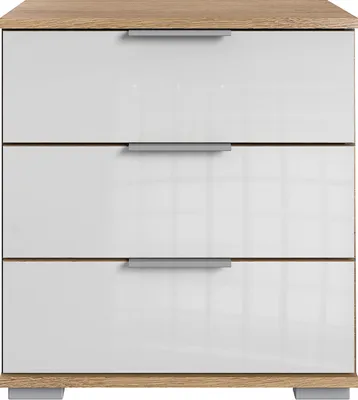 Produktbild von Schlafzimmer Nachttisch Nachtschrank, auch für Boxspringbett geeignet, in Plankeneiche Nb. mit weißem Glas ELSTRA-43, B/H/T ca. 52/58/38 cm