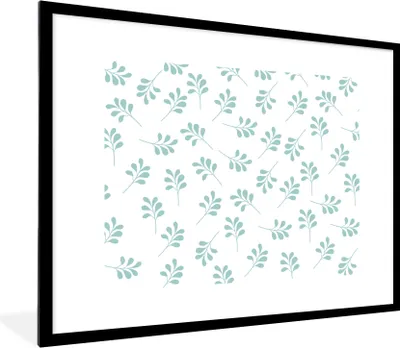 Produktbild von MuchoWow® Gerahmtes Poster Blätter - Muster - Blau 80x60 cm - Poster mit Schwarzem Bilderrahmen Wandposter Rahmen Foto Bilder - Schlafzimmer-Dekorationen - Fotoposter