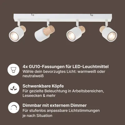 Immagine prodotto di Brillante barra di faretti Pini LED a 4 luci, dimmerabile con prese GU10, teste orientabili, bianco/legno, 350 lumen, angolo di emissione 36°, per soggiorno, corridoio, camera da letto