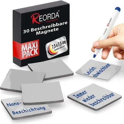 Produktbild von Reorda Beschrijfbare Magnetstrips - 30 Beschreibbare Magnete - 7,5 x 7,5 cm (Grau) - Beschreibbare Magnete für Whiteboards, Kanbanbretter, Magnetbretter oder als Beschreibbare Magnete für den Kühlschrank